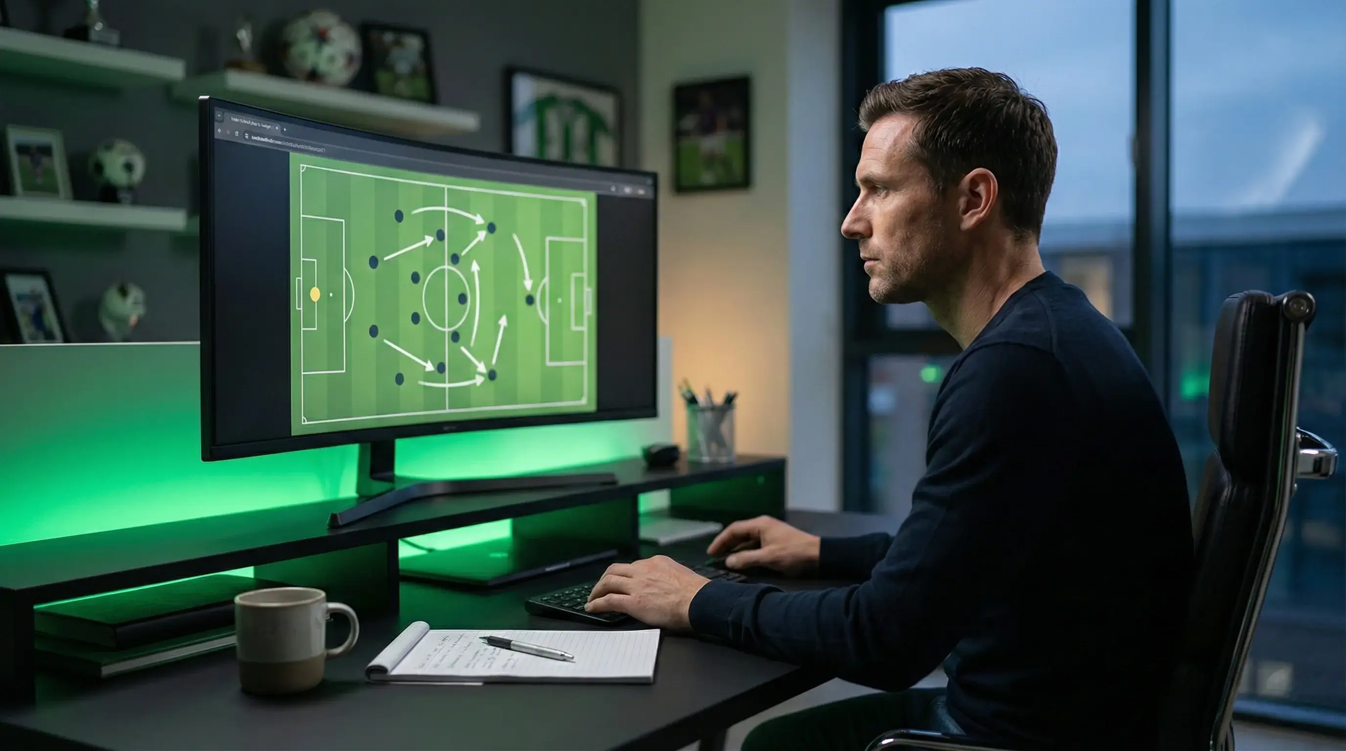 Analista desportivo a estudar formações táticas de futebol no monitor