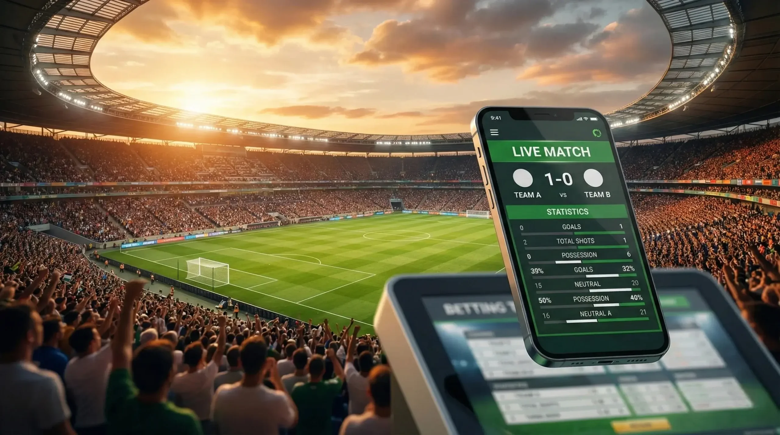 Estádio de futebol ao entardecer com interface de apostas desportivas