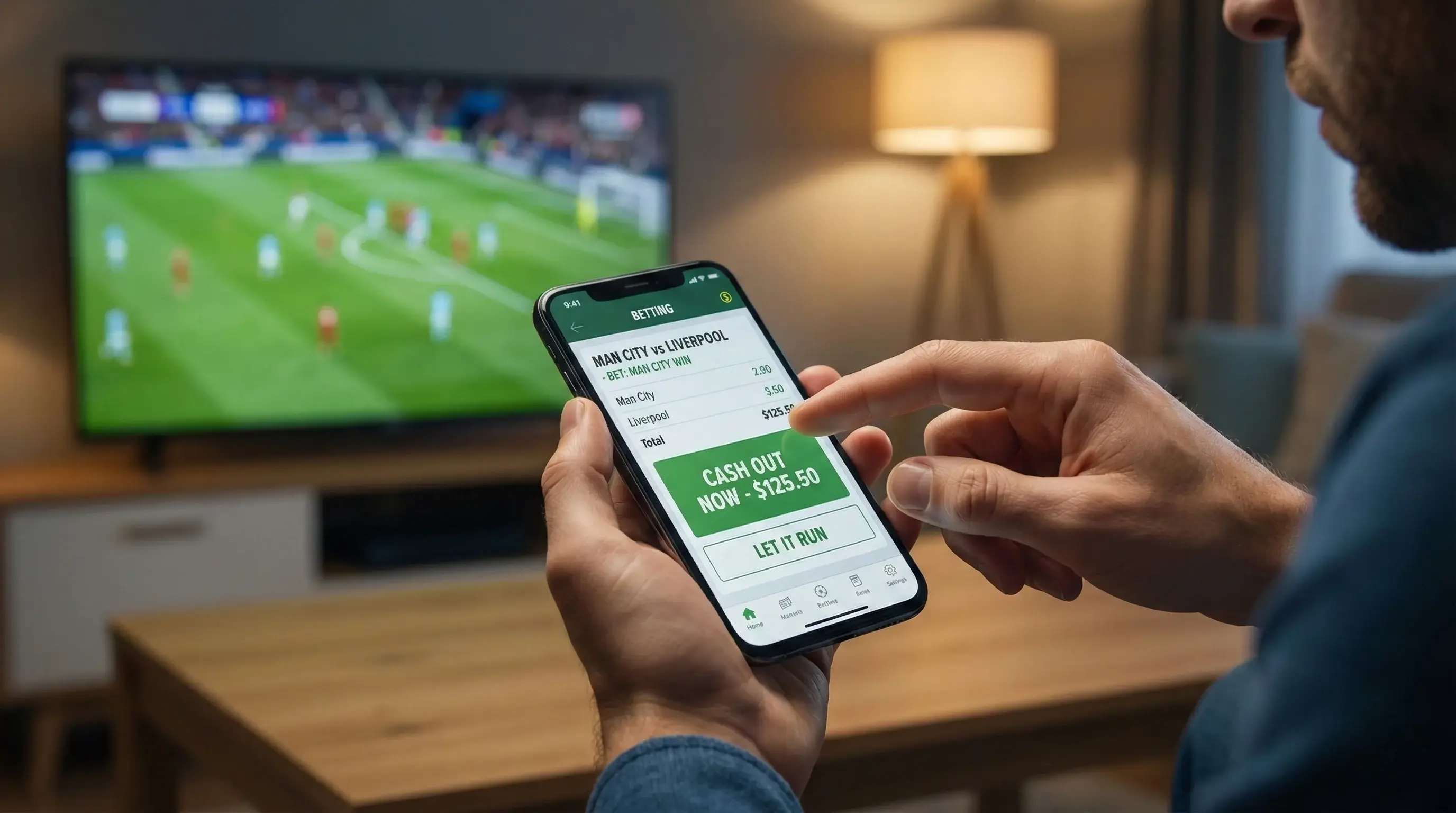 Apostador a ponderar decisão de cash out durante jogo de futebol