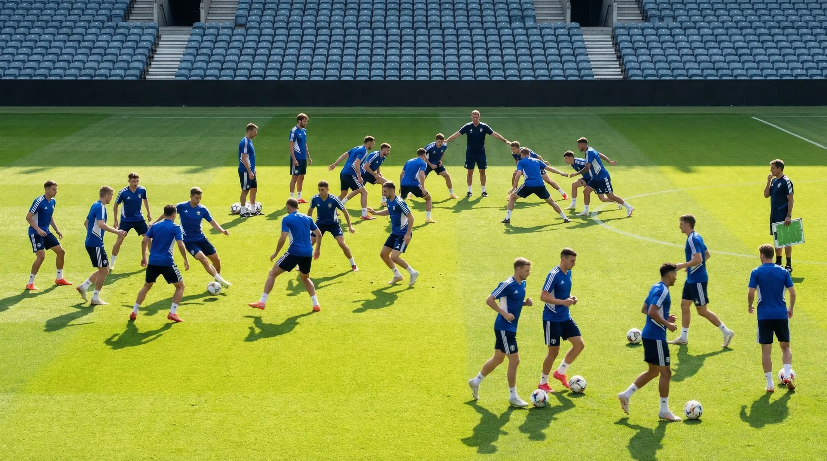 Jogadores de futebol em treino intensivo no relvado do estádio a preparar a próxima partida