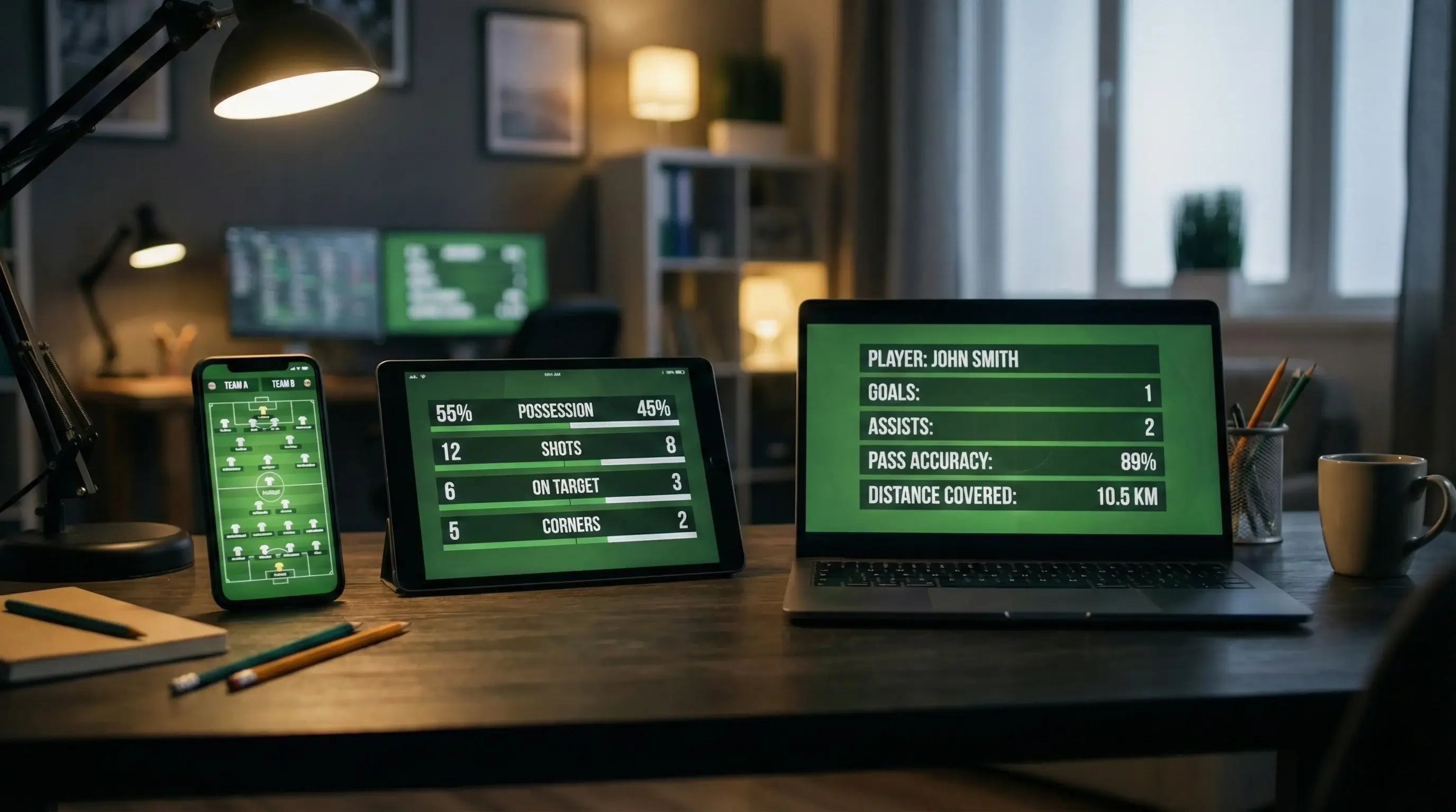 Múltiplos dispositivos a mostrar diferentes mercados e análises de futebol