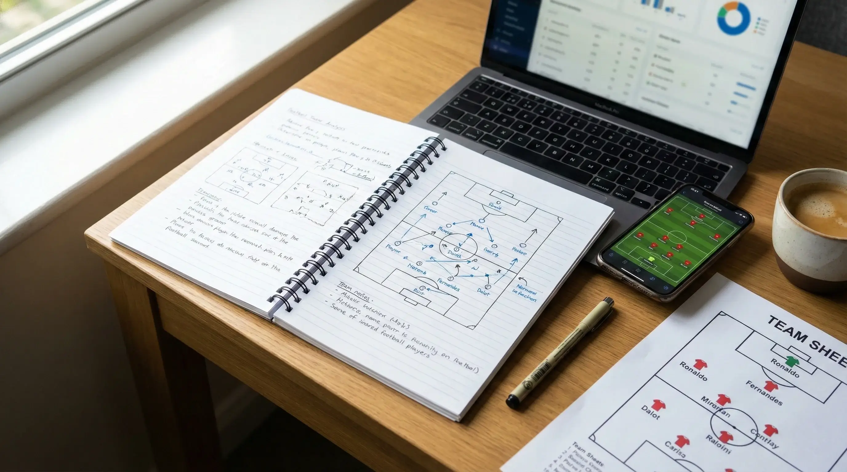 Mesa de trabalho organizada com caderno aberto onde estão escritas notas de análise e um portátil ao lado