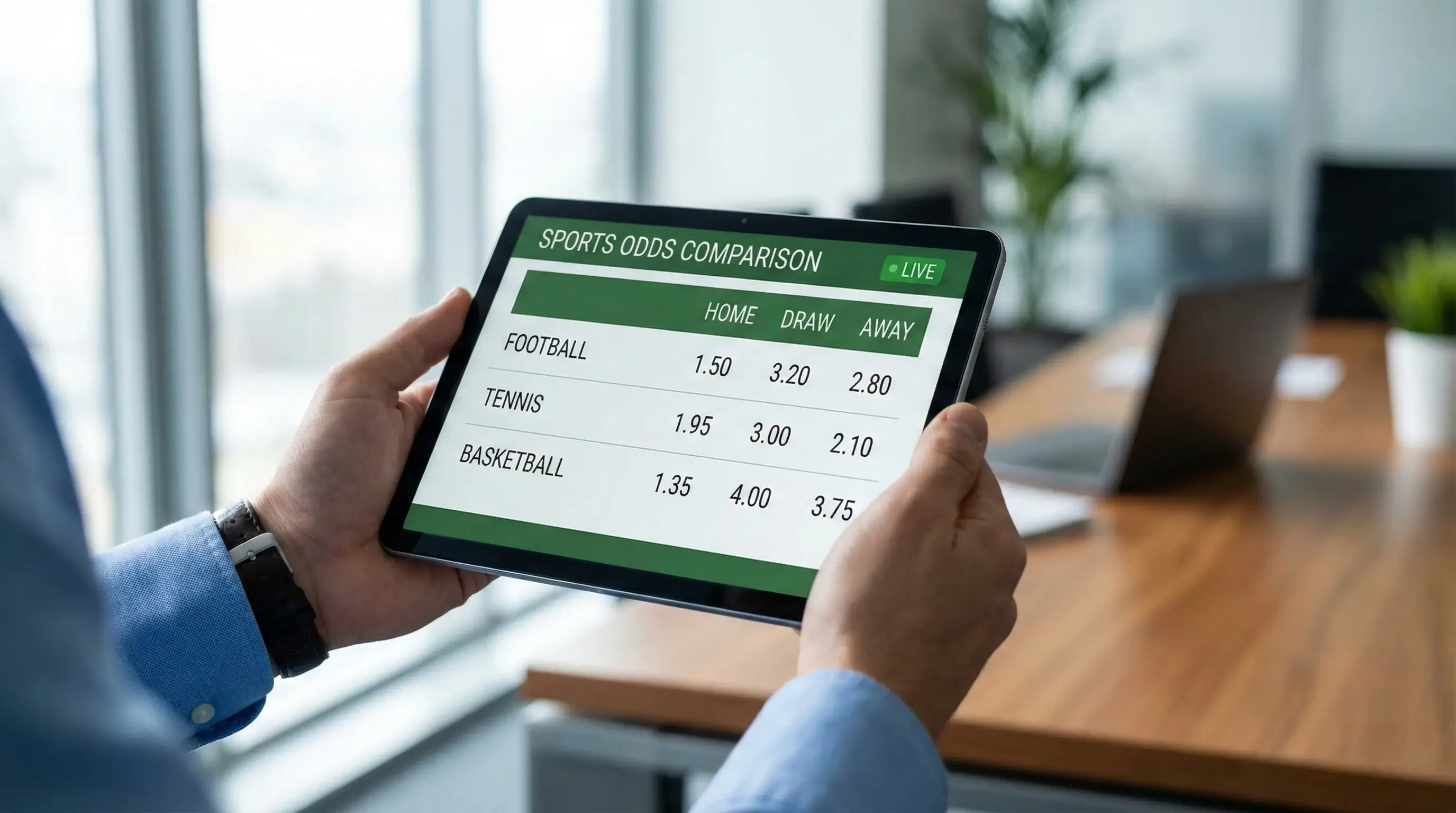 Tablet a mostrar interface de comparação de odds em apostas desportivas